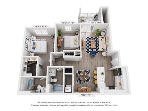 A 3D floor plan of a small apartment with a living room, kitchen, and bathroom.